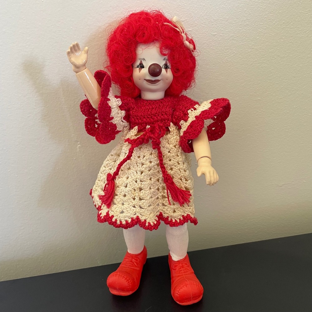 vtg Handcrafted Clown Doll Crochet Clothing Red Shoes White Jointed Articulated